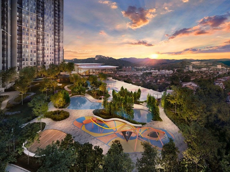 M Adora landscaped deck and playground at sunset